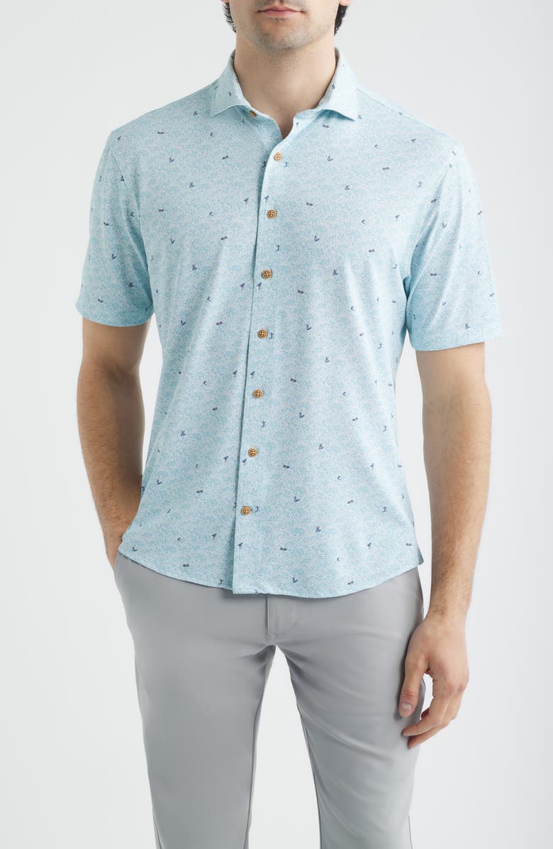 johnnie-O Rowing Hangin’ Out Surfer Print Knit Short Sleeve Button-Up Shirt, Main, color, White/Blue Multi