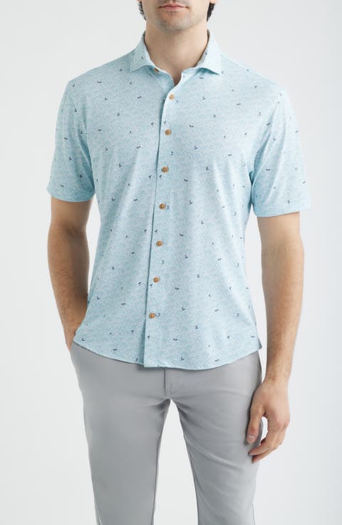 Rowing Hangin’ Out Surfer Print Knit Short Sleeve Button-Up Shirt