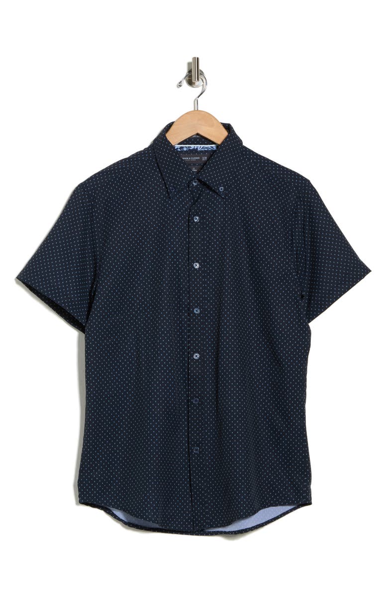 DENIM AND FLOWER Geometric Short Sleeve Button-Down Shirt, Main, color, Navy