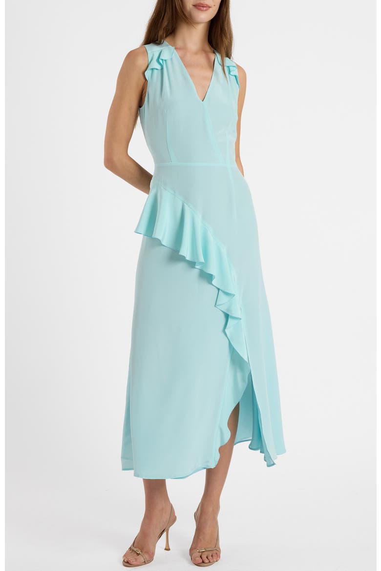 Cona Silk Midi Dress with Ruffle Panel, Alternate, color, Sky Blue