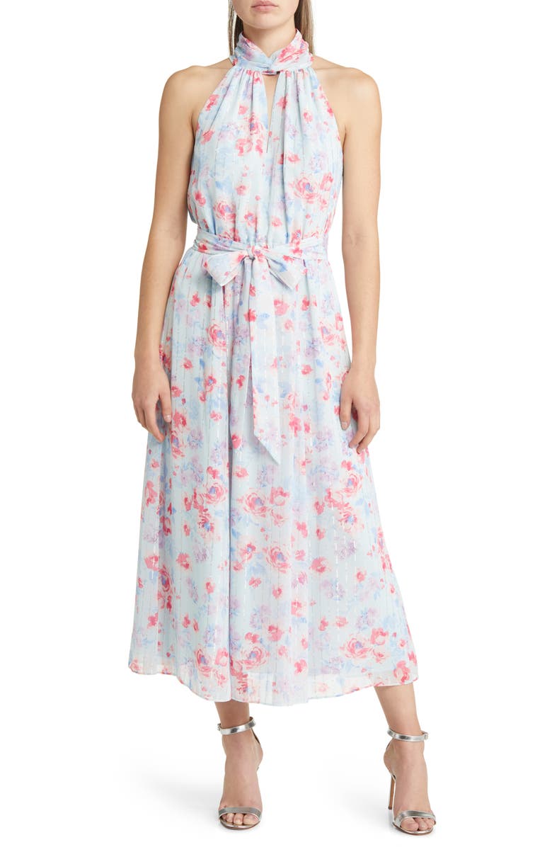 Anne Klein Metallic Floral Print Sleeveless Dress, Main, color, 