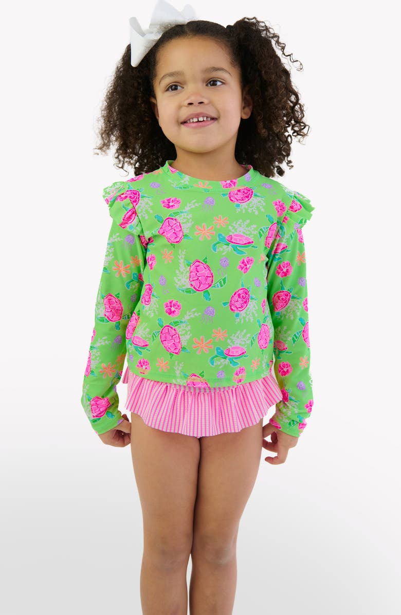 RuffleButts Kids' Long Sleeve Ruffle Hem Two-Piece Rashguard Swimsuit, Alternate, color, Green