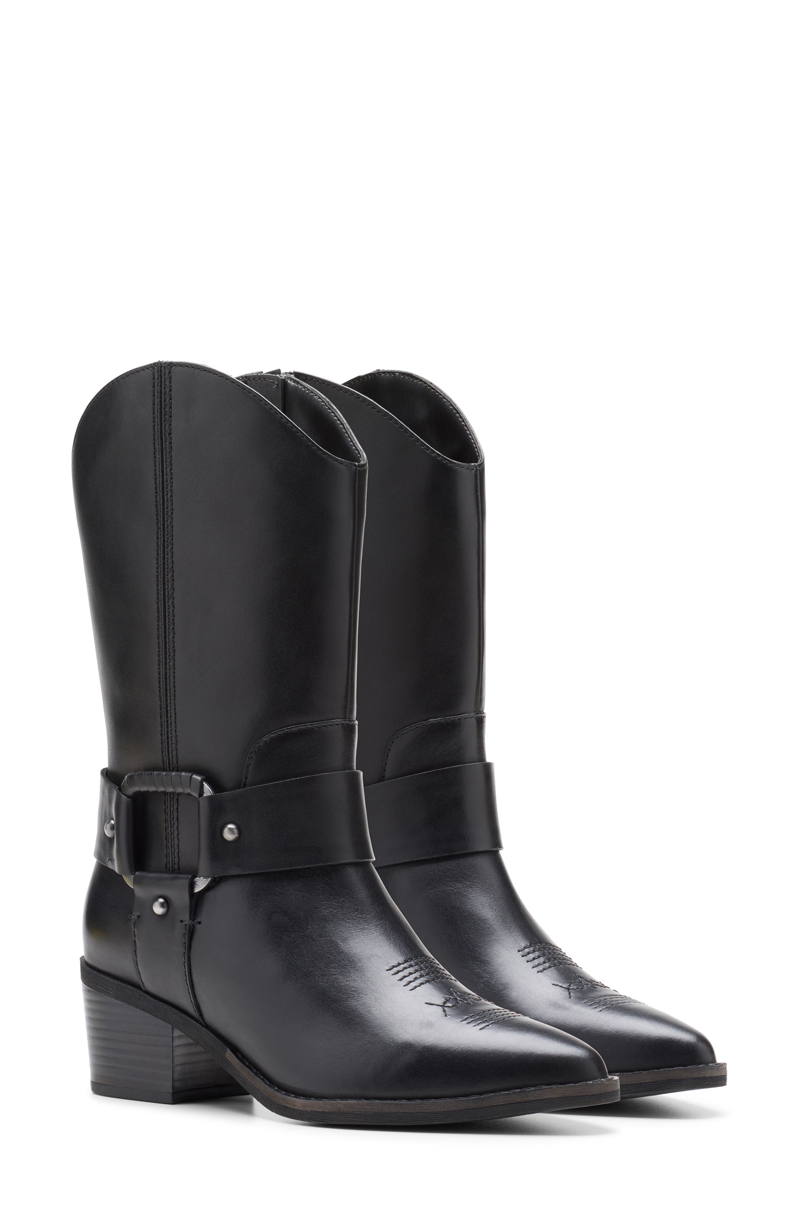 Clarks<sup>®</sup> Morzine Rise Harness Western Boot, Alternate, color, Black Leather