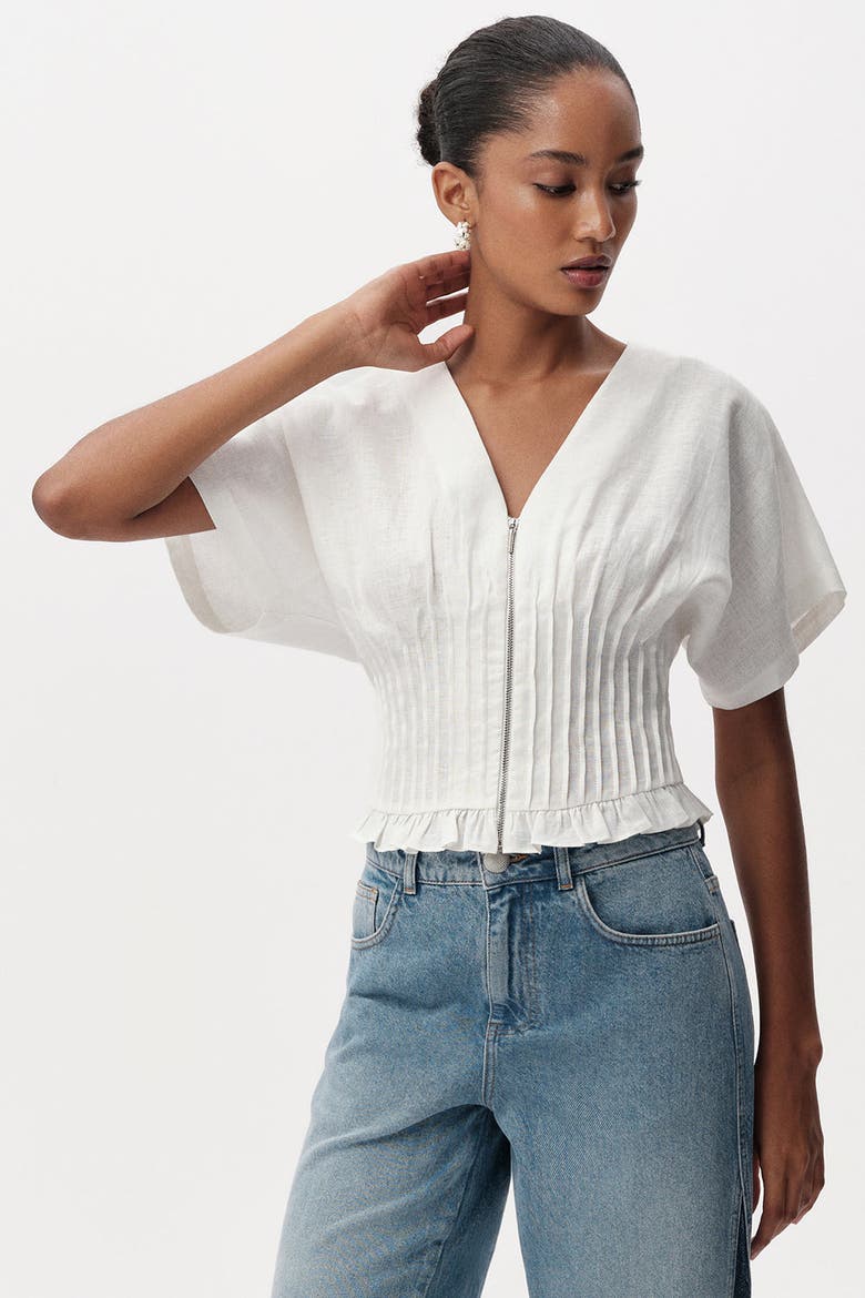 Cherelle Pleated Detail Linen Blouse, Alternate, color, White