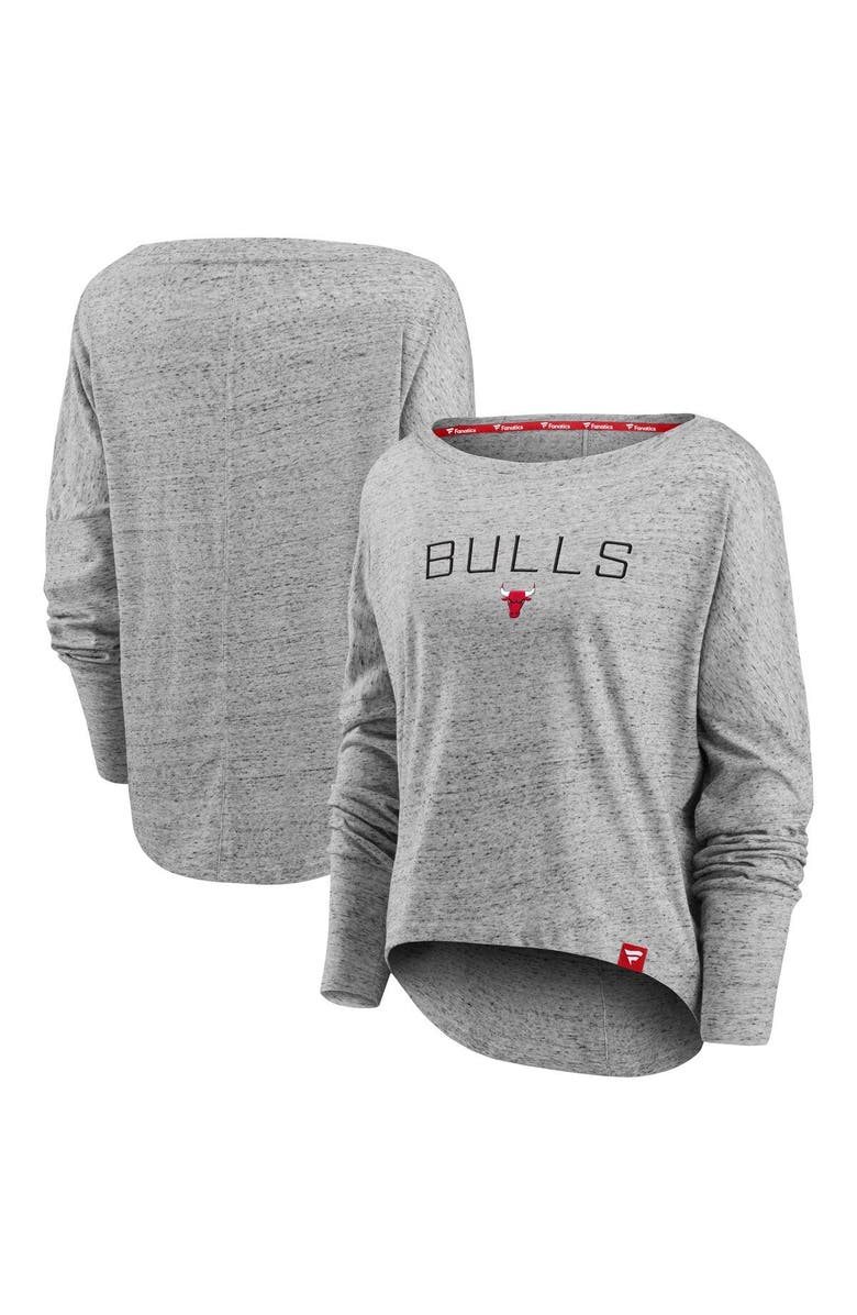 FANATICS Women's Fanatics Branded Heathered Gray Chicago Bulls Nostalgia Off-The-Shoulder Long Sleeve T-Shirt, Alternate, color, Heather Gray