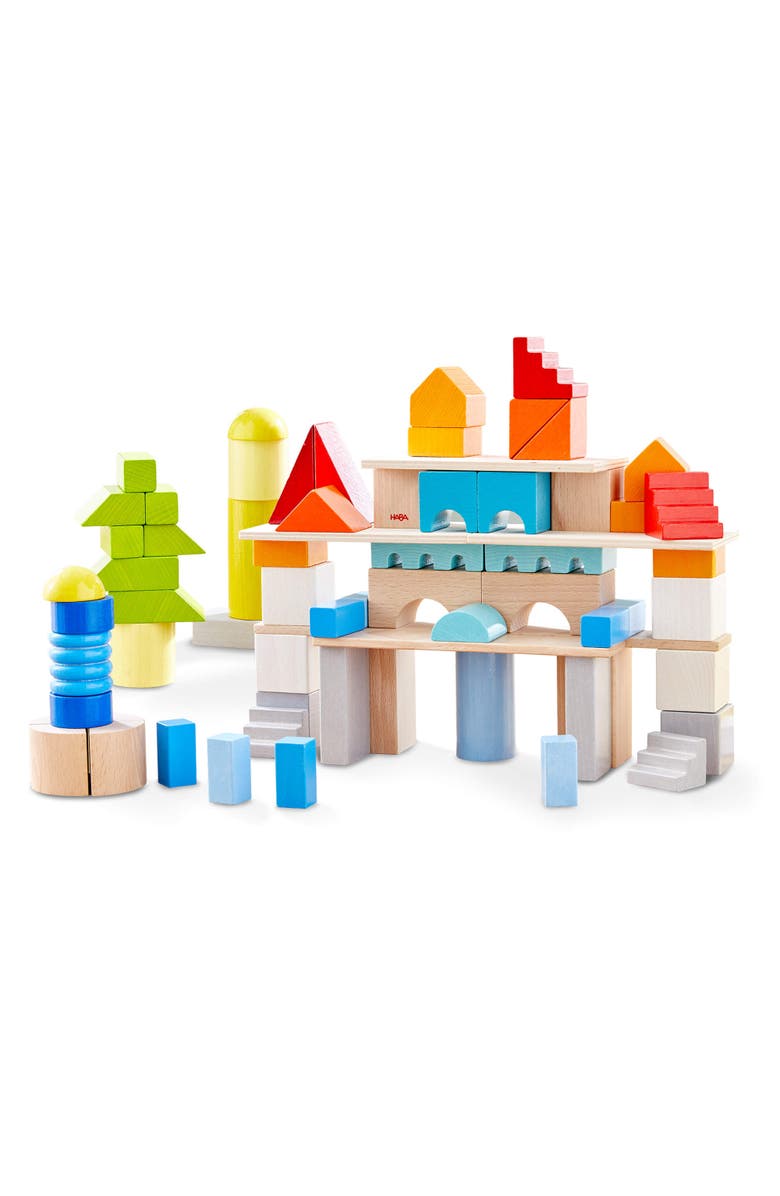 HABA Colored Wooden Building Blocks - Set of 85 Piece Set of Wooden Toys, Stacking Toys for Toddlers 1-3 Ideal Open Ended STEM Play, Main, color, Multi