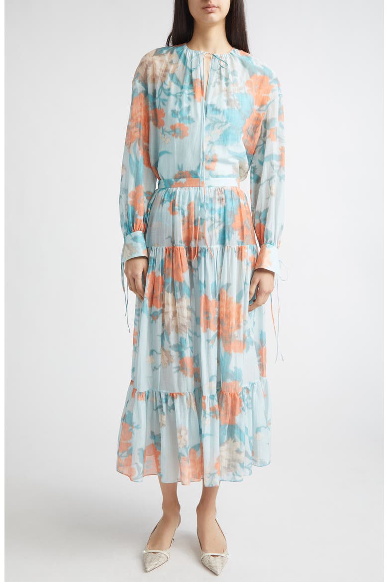 Floral Print Tiered Cotton & Silk Voile Midi Skirt, Alternate, color, TRAILING POPPY DREAM BLUE