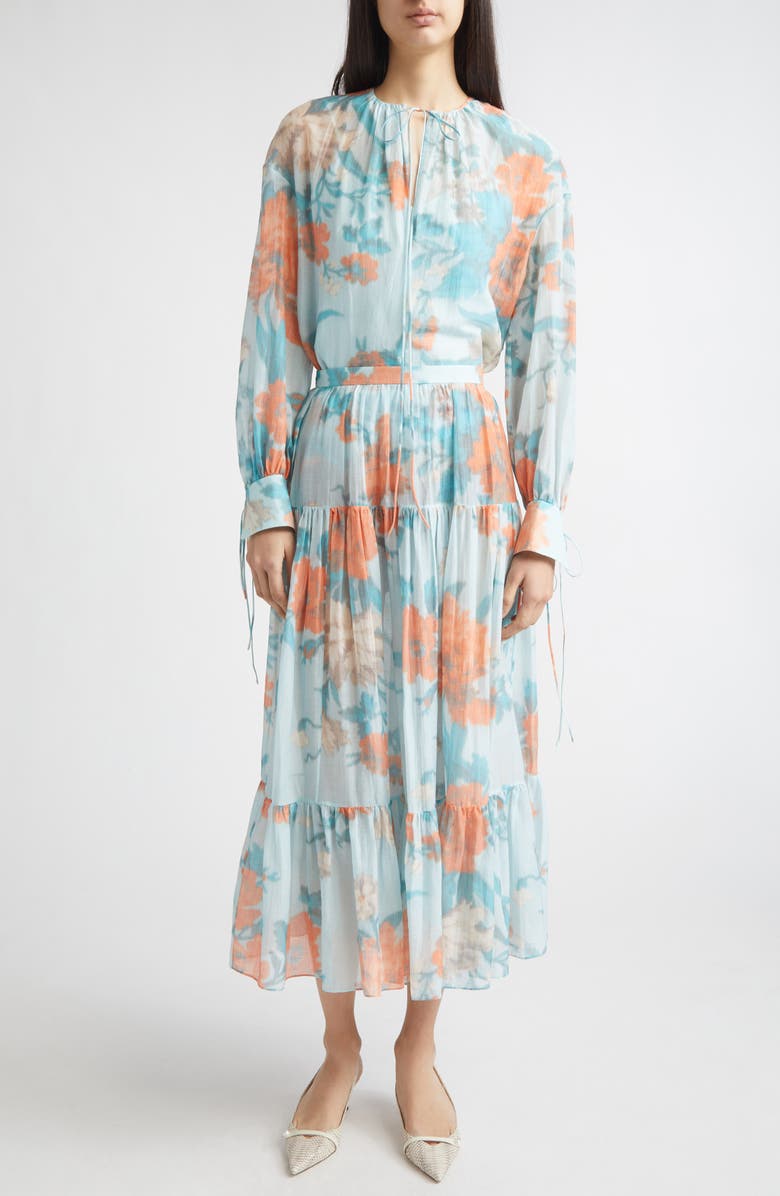 Erdem Floral Print Tiered Cotton & Silk Voile Midi Skirt, Alternate, color, Trailing Poppy Dream Blue
