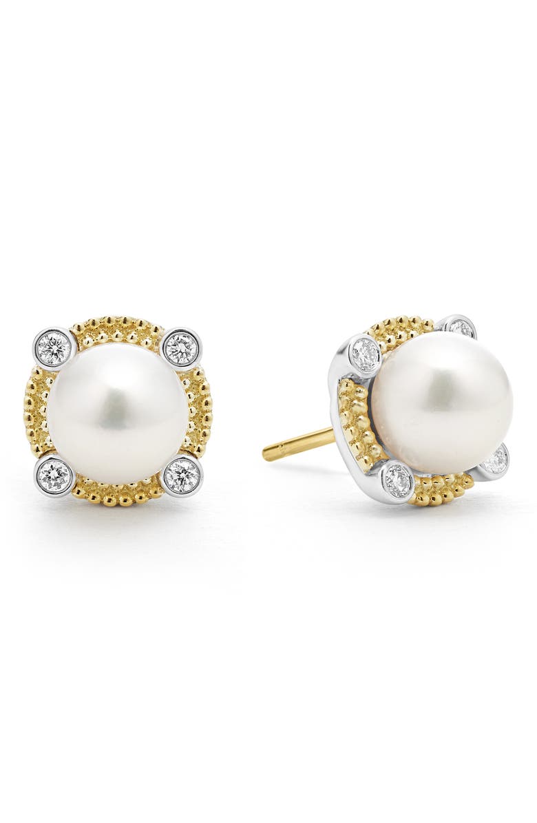 LAGOS Luna Pearl & Diamond Stud Earrings, Main, color, Silver