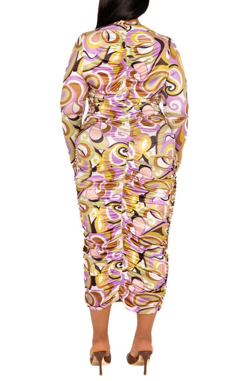 Buxom Couture Print Ruched Long Sleeve Midi Body-con Dress In Multi