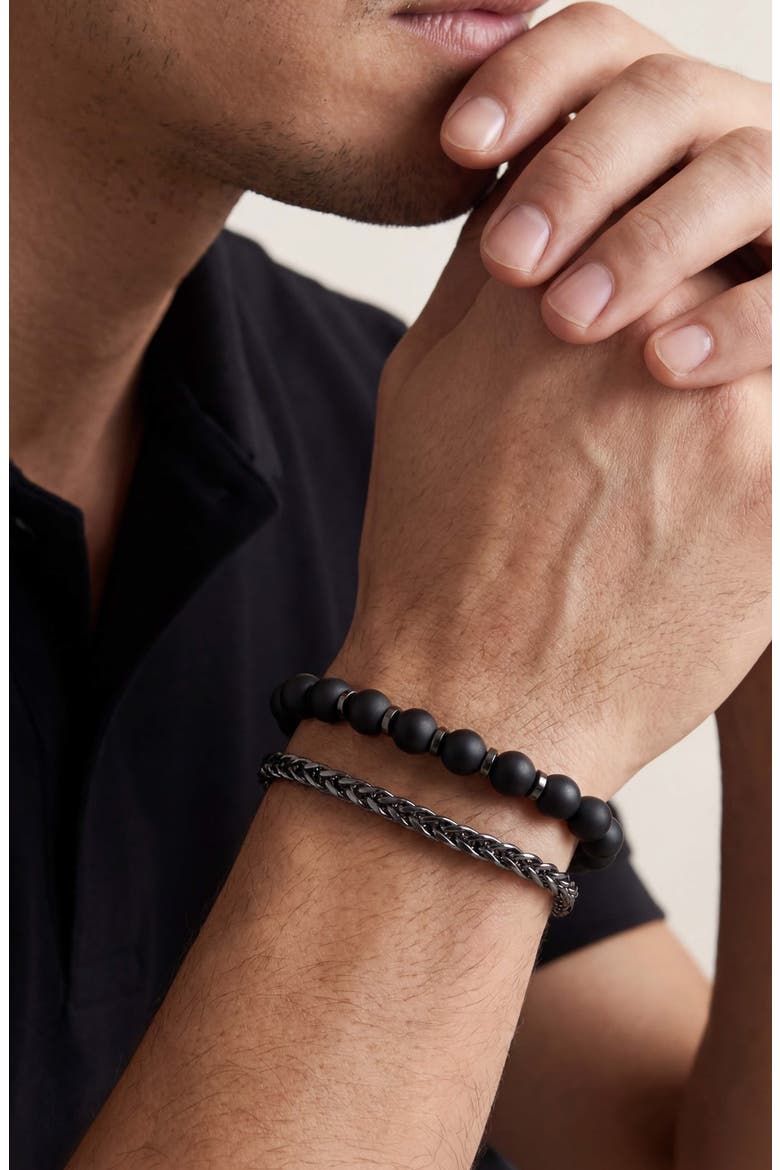 Matte Black Bead & Chain Bracelet Set, Alternate, color, ONYX