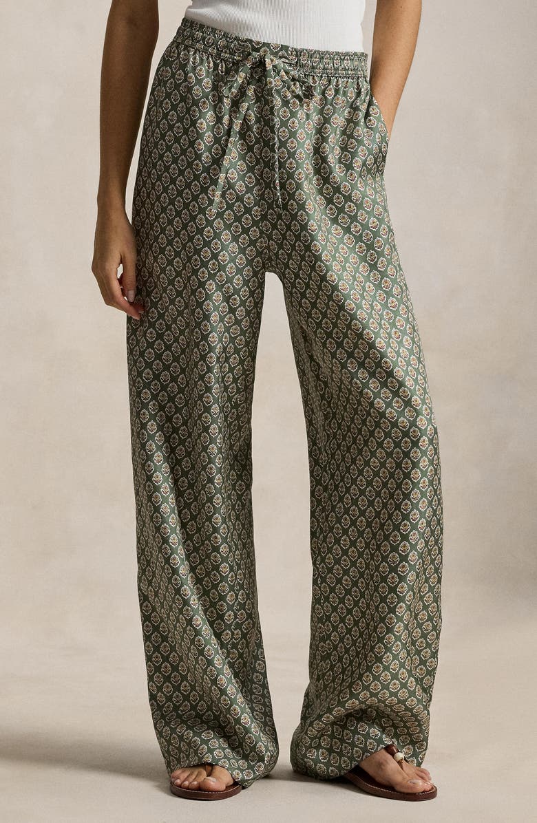 Polo Ralph Lauren Print Wide Leg Silk Pants, Alternate, color, Wood Block Spikey Flower