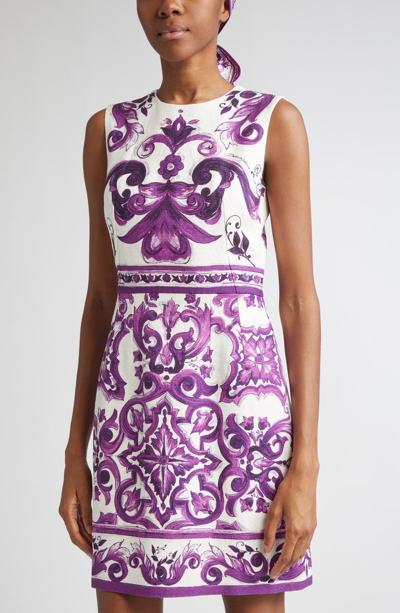 Dolce&Gabbana Majolica Sleeveless A-Line Dress, Alternate, color, Ip3tn Mix Maiolica Viola