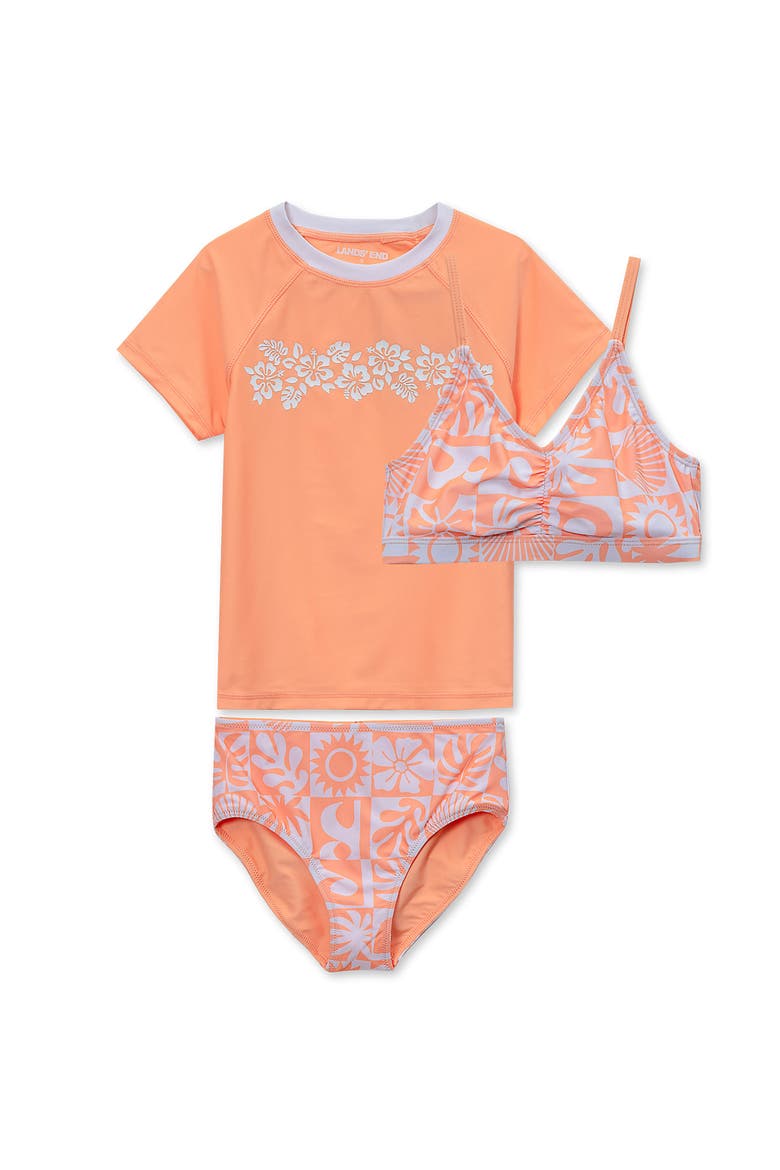 Girls Chlorine Resistant Short Sleeve Rash Guard 3 Piece Swimsuit Set, Main, color, Surf/Orange