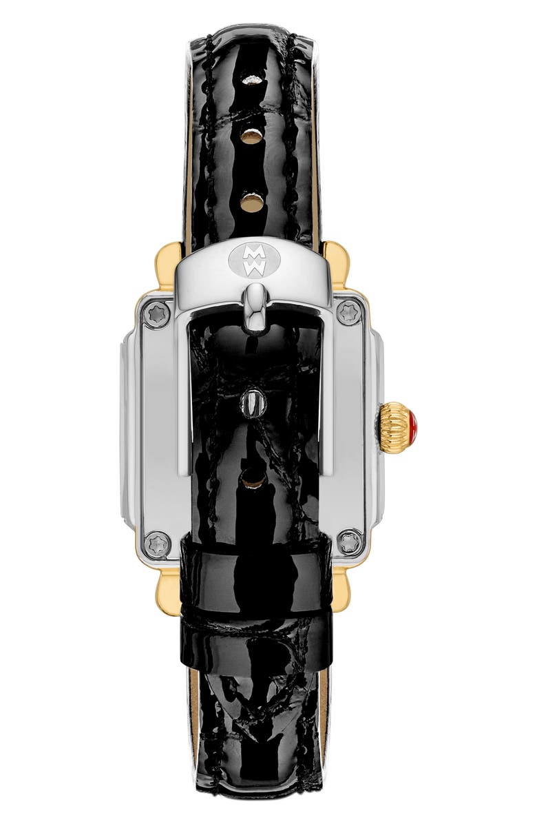 MICHELE Mini Deco Madison Special Edition Two-Tone 18K Gold Plate Diamond Pavé Leather Strap Watch, 23mm x 24mm, Alternate, color, Black
