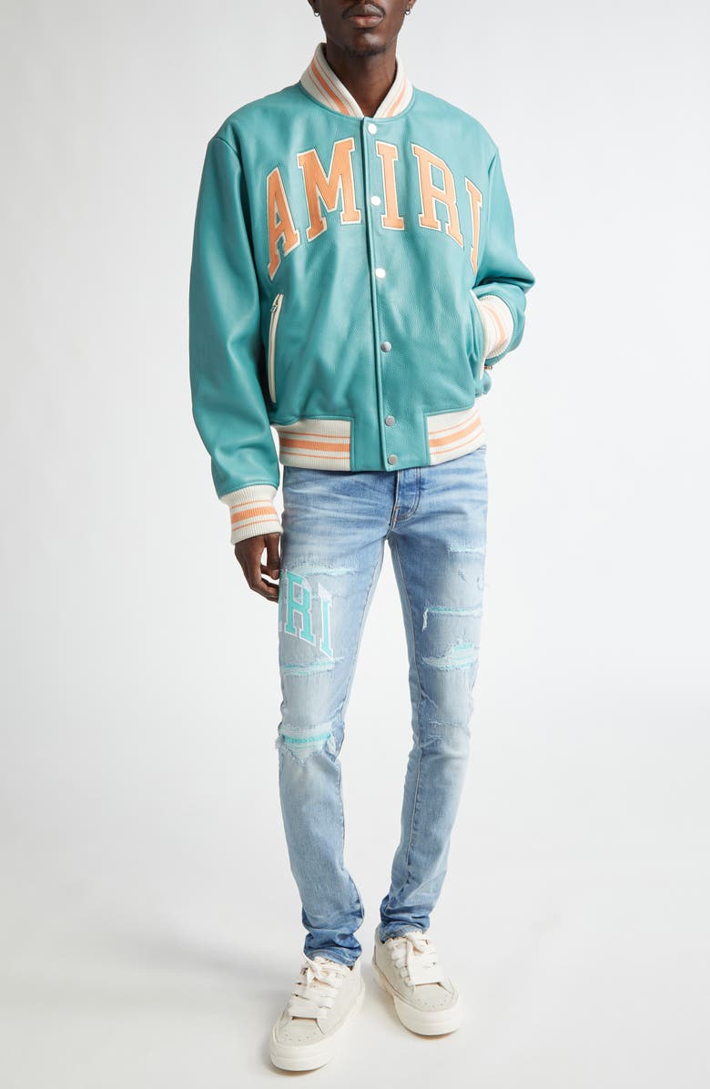 AMIRI Varsity Logo Rip & Repair Skinny Fit Jeans, Alternate, color, Perfect Indigo