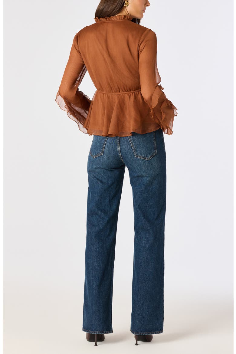 Tereasa Ruffle Tie Neck Peplum Top, Alternate, color, LIGHT BROWN