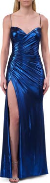 La Femme Metallic Jersey Dress with Ruched Top