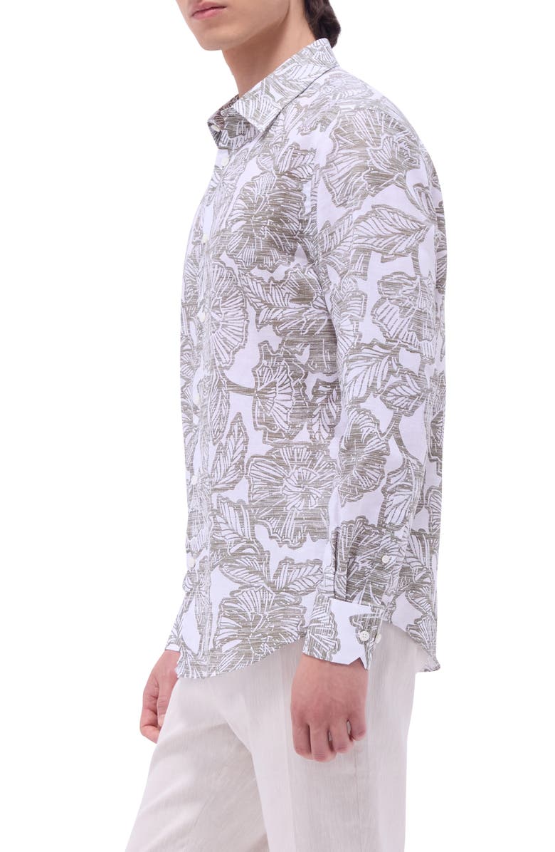 Bugatchi Julian Shaped Fit Linen Blend Button-Up Shirt, Alternate, color, Olive