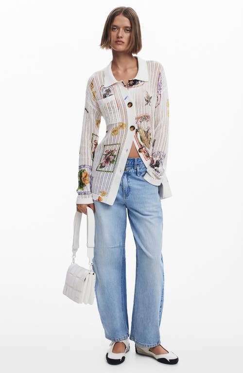 Desigual Garden Print Open Stitch Cardigan In Light Beige