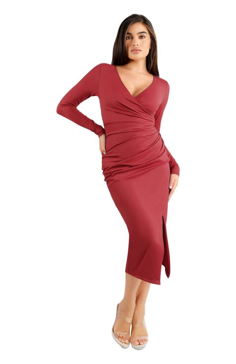 Shapewear Ruched Long Sleeve Faux Wrap Slimming Midi Dress
