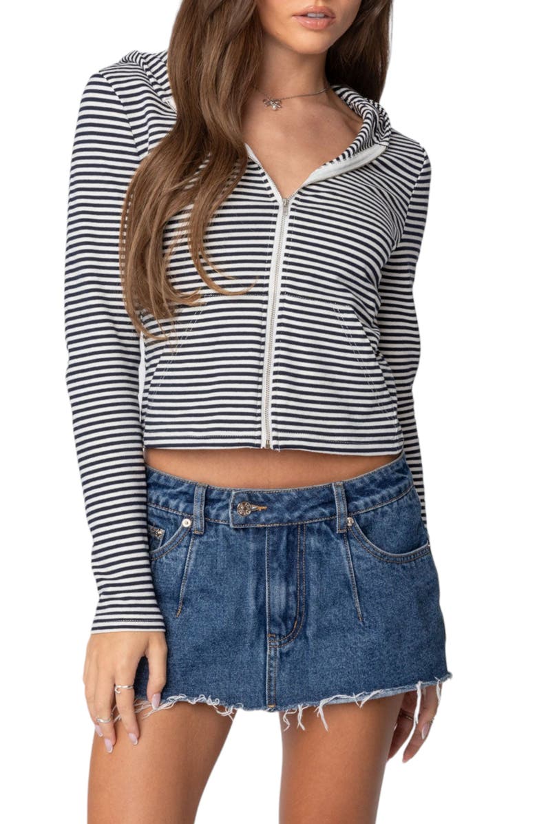 EDIKTED Madison Stripe Zip Hoodie, Main, color, Navy-And-White
