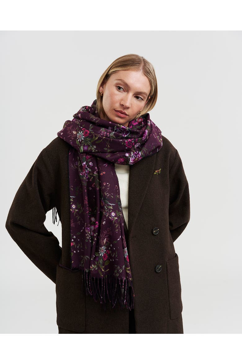 Eve Floral Long Fringed Scarf, Alternate, color, Burgundy