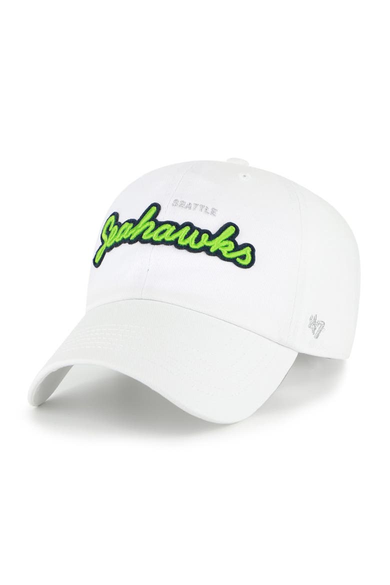 Women's '47  White Seattle Seahawks Trendy Script Clean Up Adjustable Hat, Main, color, White