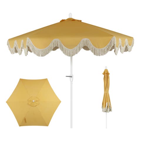 Collins 9 ft. Classic Cottage Fringe Tassel Market Patio Umbrella with Auto-Tilt Crank