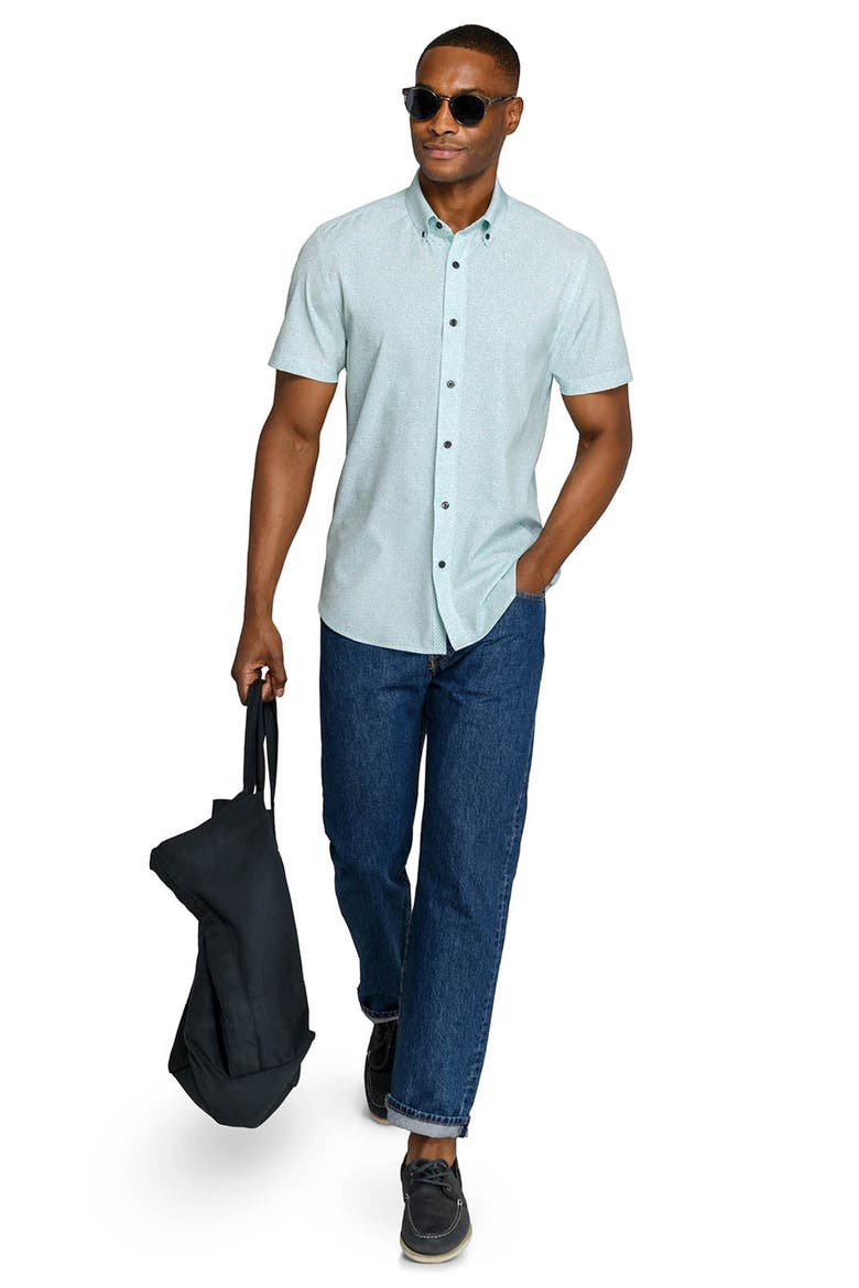 Slim Fit Sketched Floral Woven Short Sleeve Basic Shirt, Alternate, color, MINT