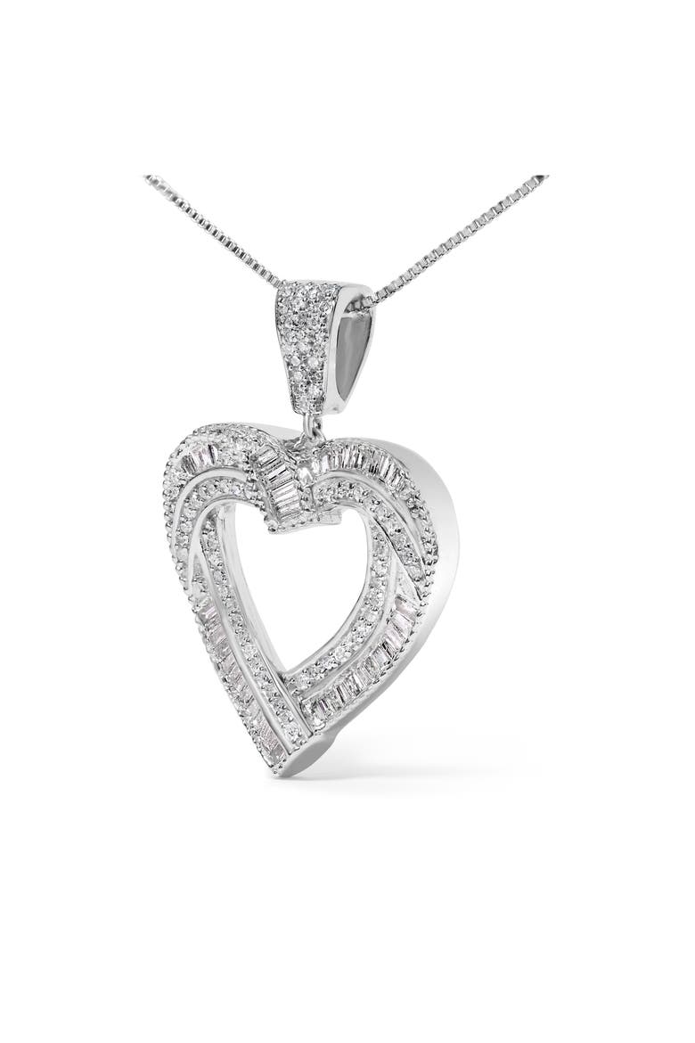 .925 Sterling Silver 1.00 Cttw Baguette and Round Diamond Open Heart Pendant Necklace, Alternate, color, Silver