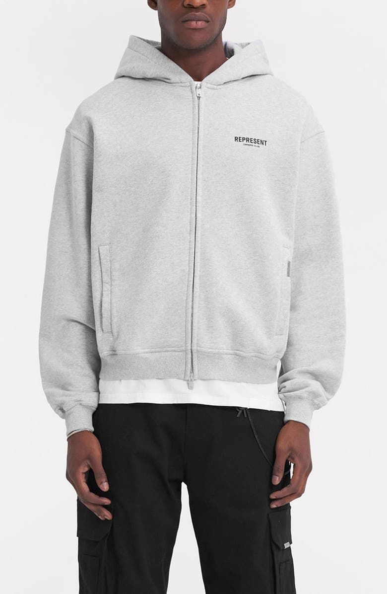 Represent Owners' Club Script Graphic Zip Hoodie, Main, color, Ash Grey