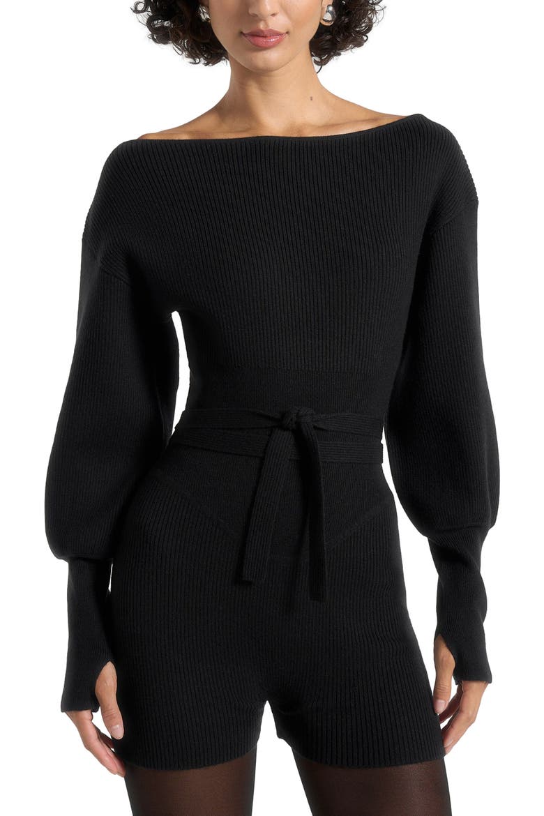 Raya Off Shoulder Knitted Playsuit With Belt, Alternate, color, Black