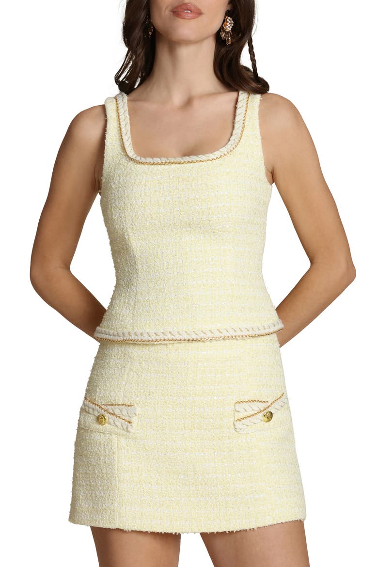 Chain Trim Sleeveless Tweed Top, Main, color, LIGHT YELLOW