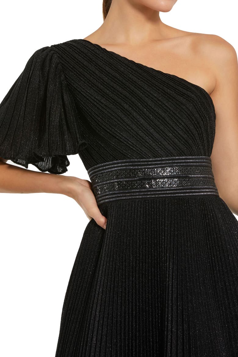 Pleated Shimmering Georgette One Shoulder Gown, Alternate, color, Black