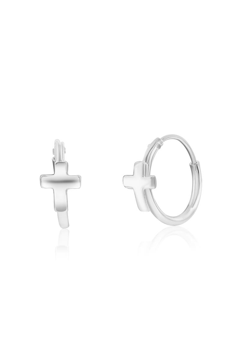 Sterling Silver Mini Cross Huggies, Main, color, Silver