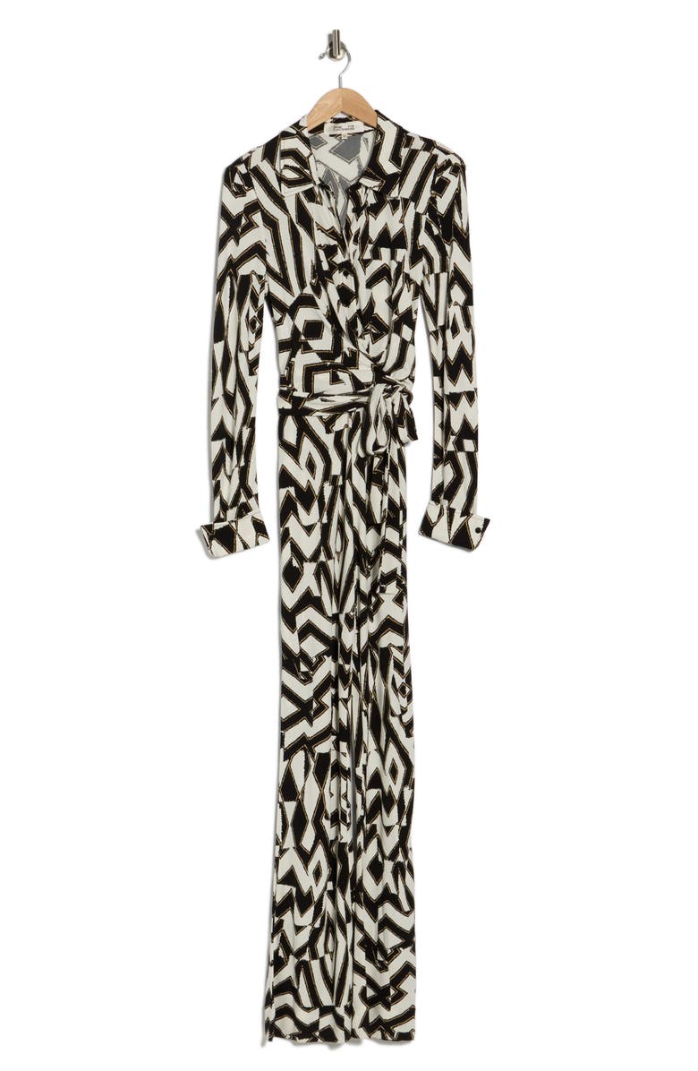 Diane von Furstenberg Michele Long Sleeve Wrap Jumpsuit, Alternate, color, Troy Maze - Black/ White