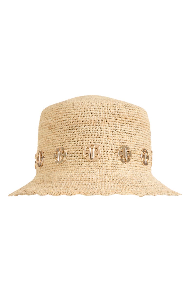 Bruno Magli Straw Crochet Trim Bucket Hat, Main, color, 