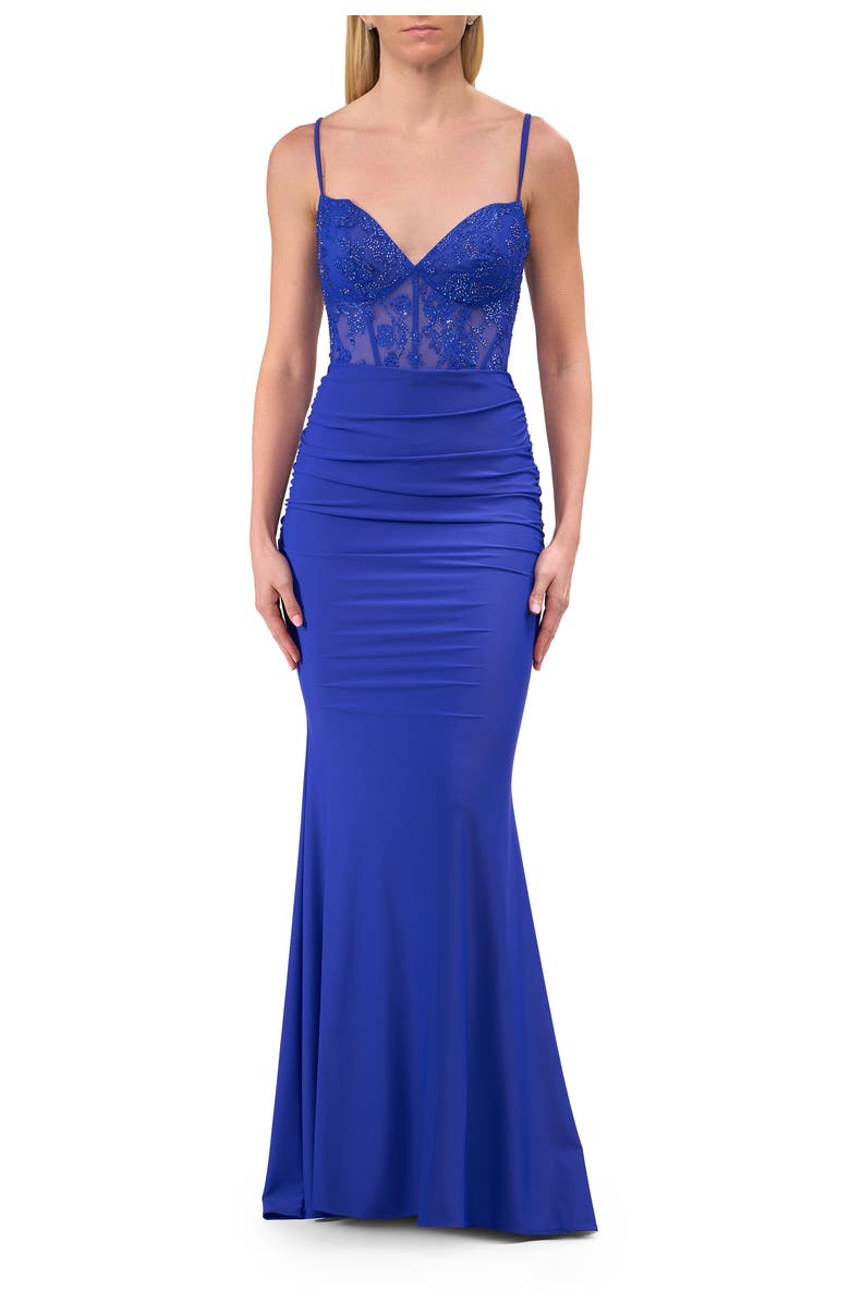 La Femme Lace and Jersey Dress with Ruched Skirt and V Neckline, Main, color, Royal Blue