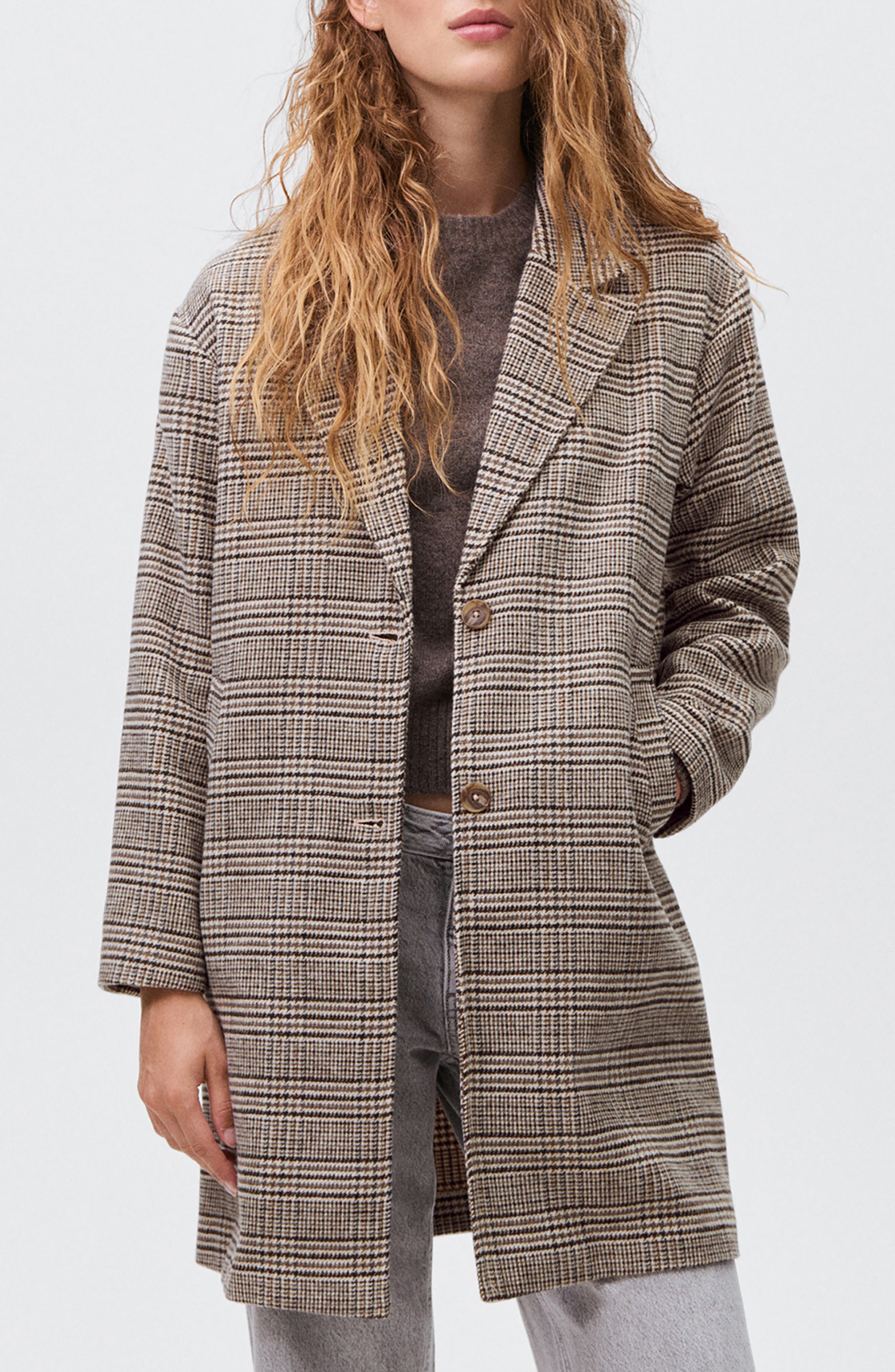 Check Longline Tweed Coat