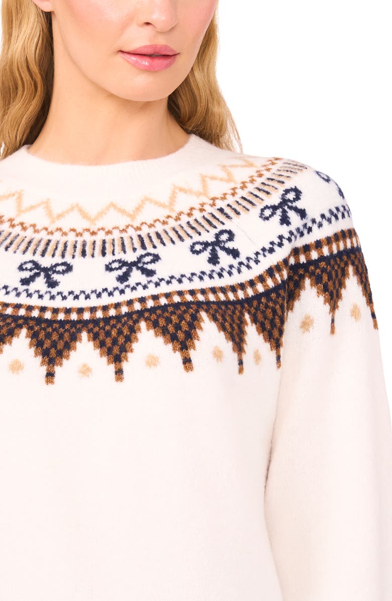 CeCe Bow Fair Isle Ribbon Detail Crewneck Sweater, Alternate, color, Toasted
