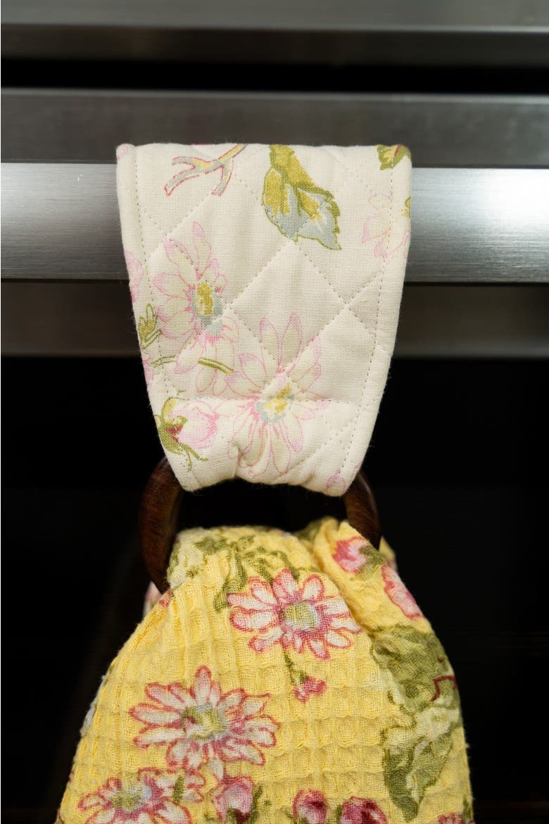 Apple Blossom Tea Towel + Set Of 3 Wooden Loop Hangers, Alternate, color, Yellow