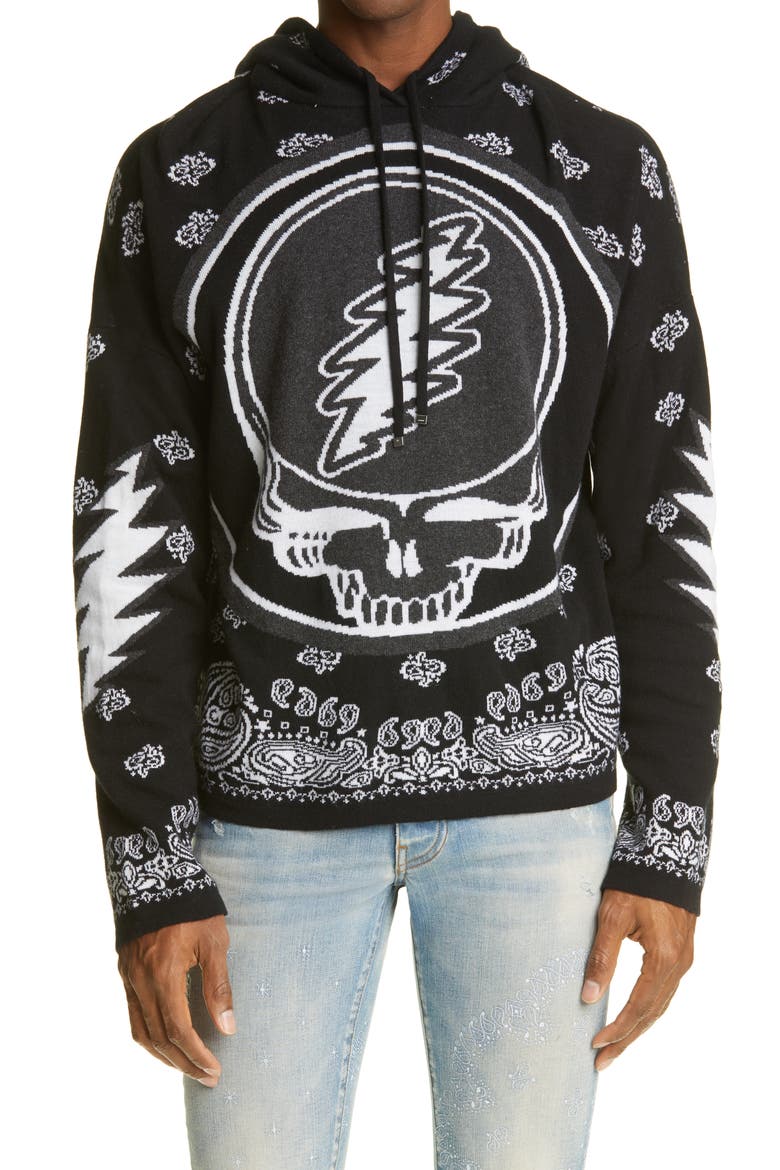 Grateful Dead Skull Cashmere Blend Jacquard Graphic Hoodie, Main, color, BLACK