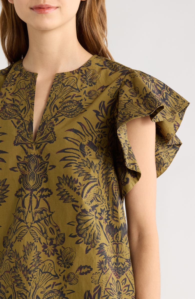 Ulla Johnson Severine Floral Cotton Flutter Sleeve Top, Alternate, color, Olive Flora
