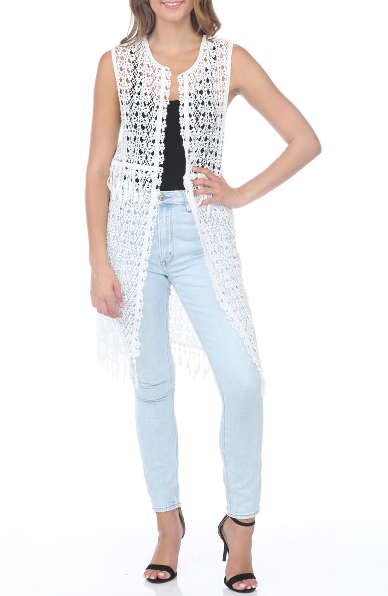 RAIN AND ROSE Crochet Longline Duster Cardigan, Main, color, White