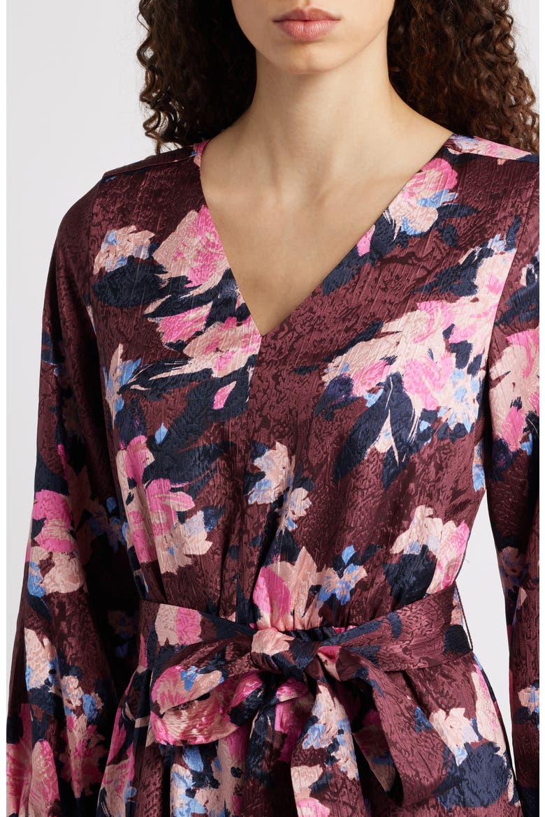 Ruffle Tie Waist Long Sleeve Midi Dress, Alternate, color, BURGUNDY- BLUE GEORGIA BLOOMS