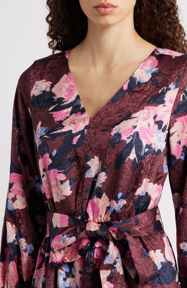 Caslon<sup>®</sup> Ruffle Tie Waist Long Sleeve Midi Dress, Alternate, color, Burgundy- Blue Georgia Blooms