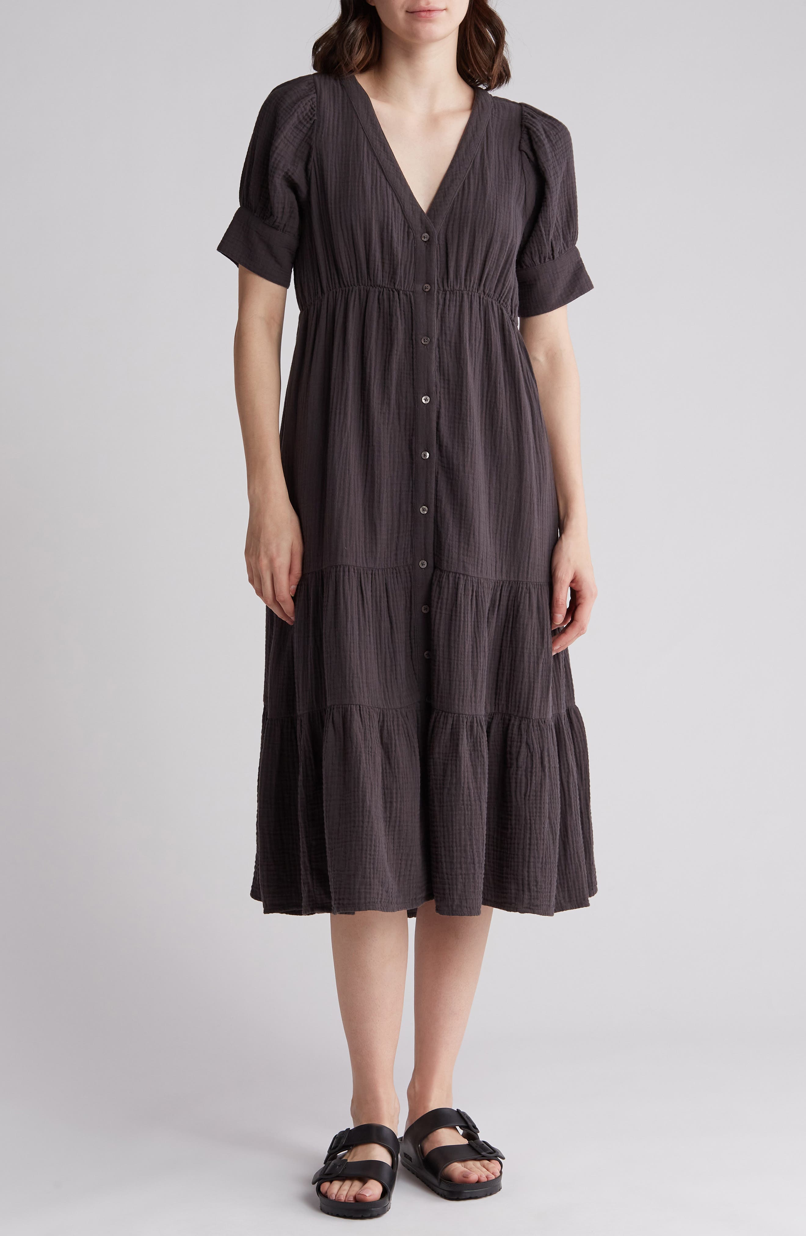 Madewell Lightspun Tiered Button Front Midi Dress