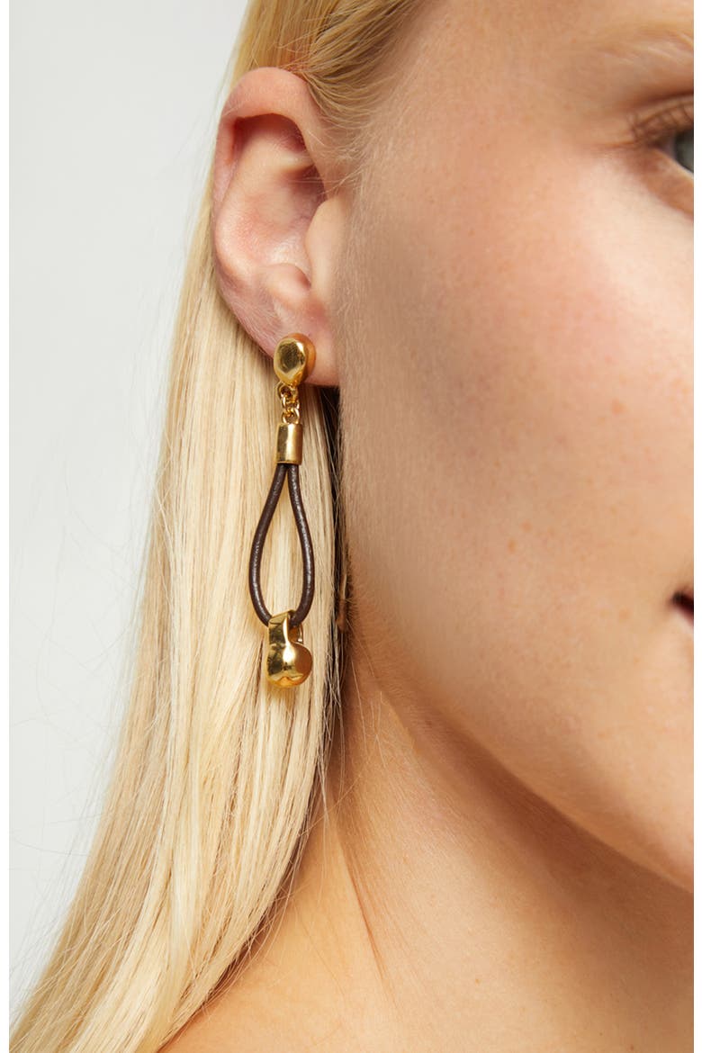 Long Leather Earrings with 18K Gold-Plated Dial Detail, Alternate, color, Gold