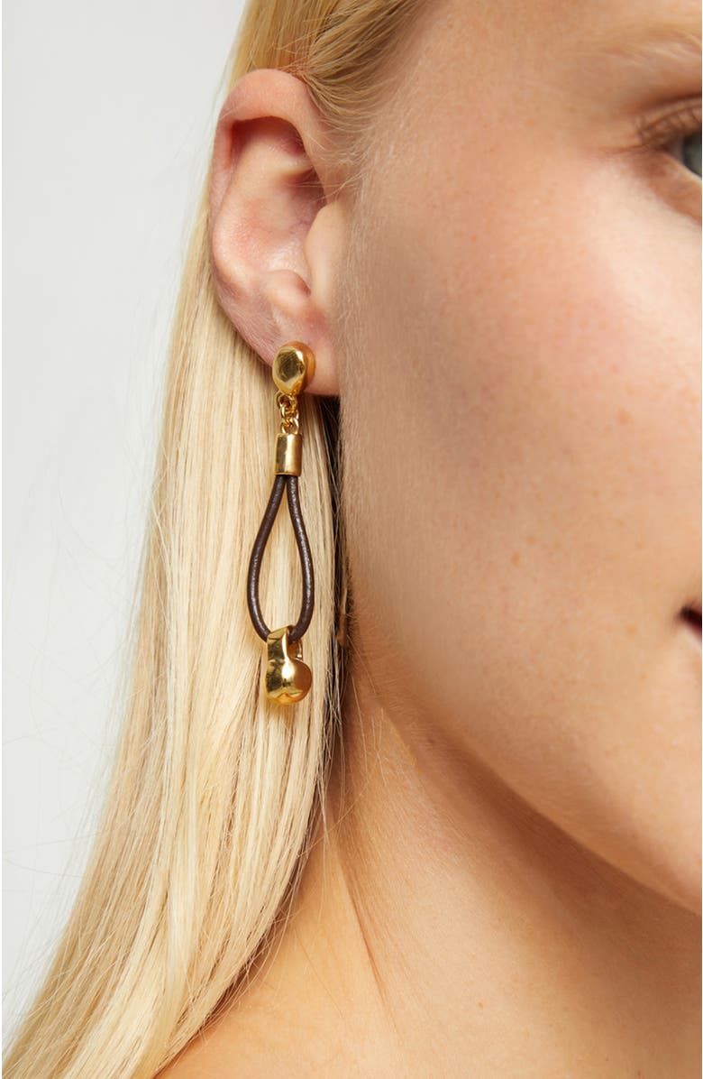 UNODE50 Long leather earrings with 18k gold-plated dial detail, Alternate, color, Gold